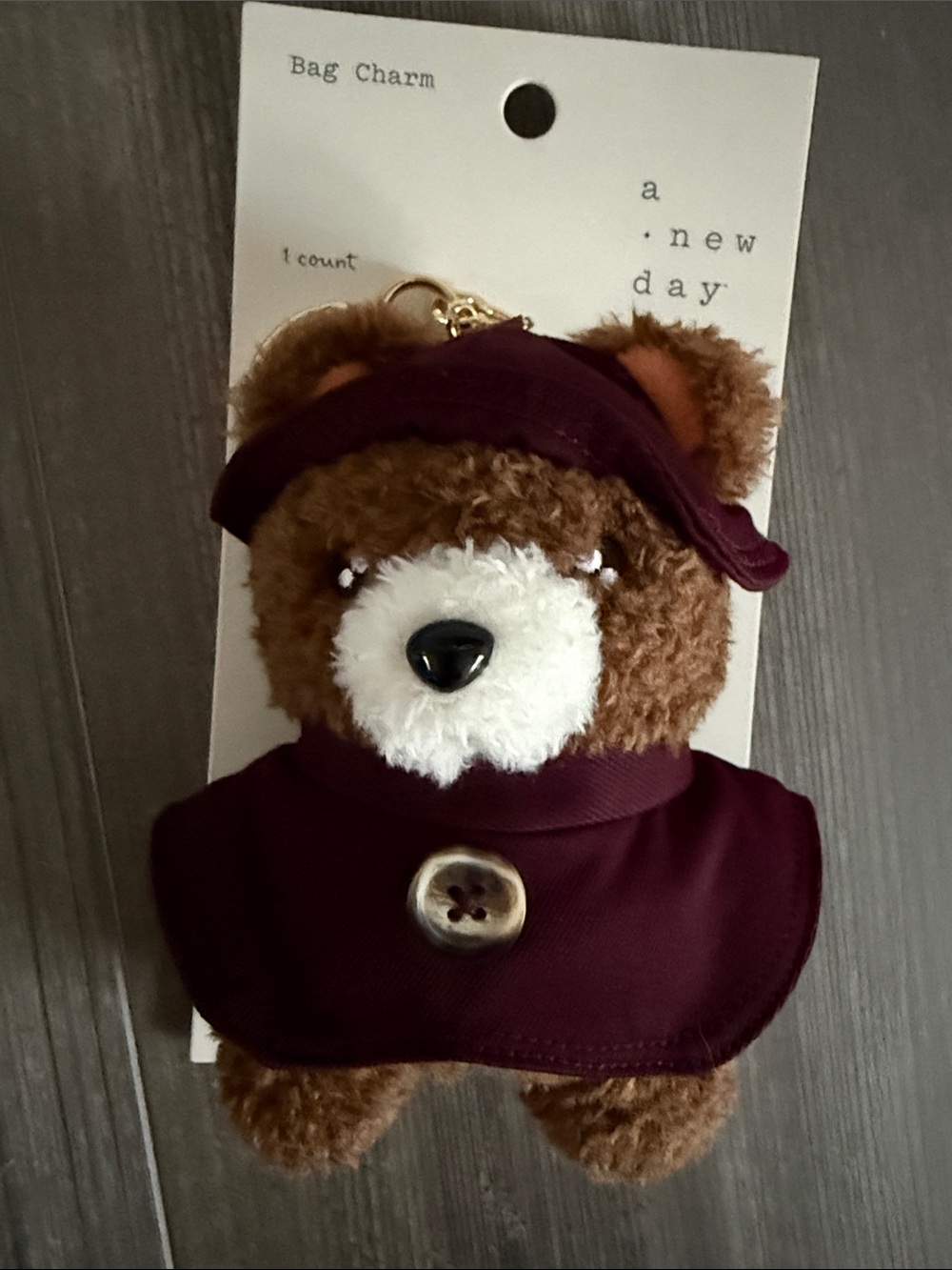 A New Day Brown Teddy Bear Bag Charm with Dark Purple Hat & Cape NWT